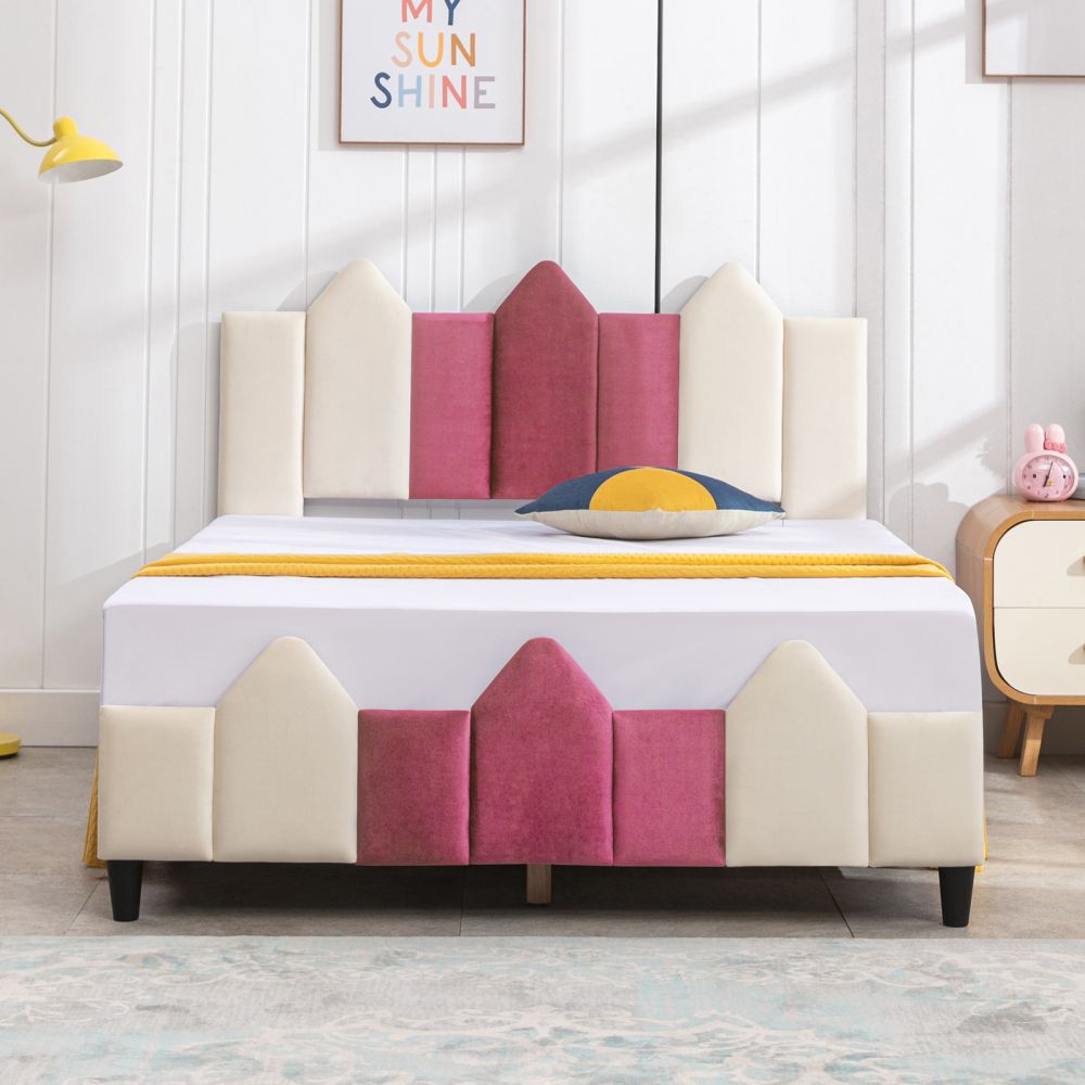 Mjkone Wood Upholstered Kids Bed Frame with Headboard