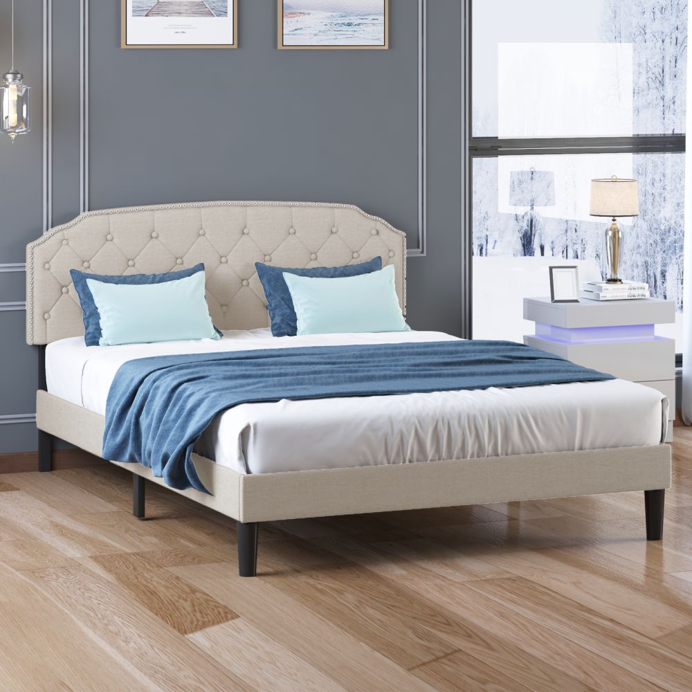 Mjkone Upholstered Bed Frame with Diamond Button Headboard