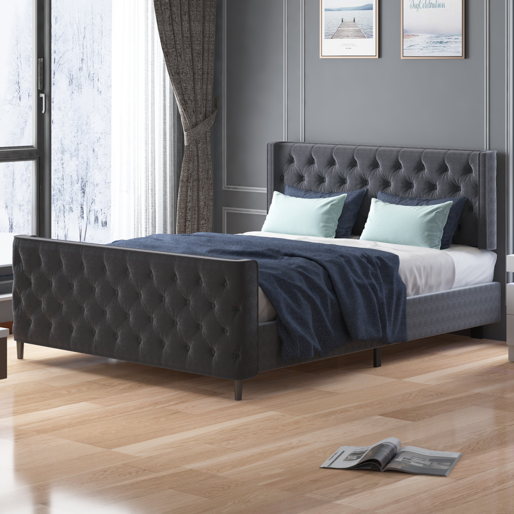 Mjkone Upholstered Bed With Diamond-Shaped Button Headboard