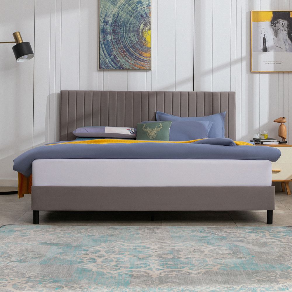 Mjkone Upholstered Platform Bed with Adjustable Headboard-Dark Gray, Light Gray