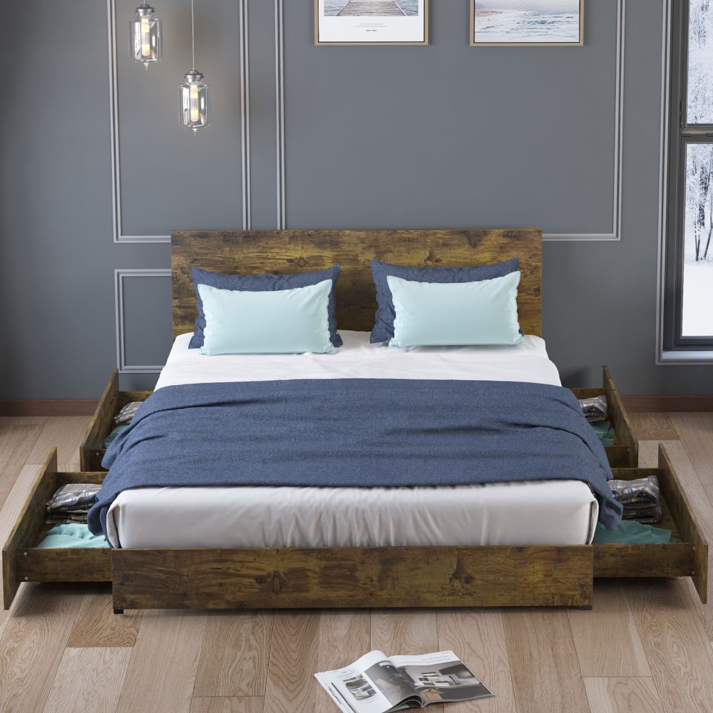 Mjkone Wooden Bed Frame with 4 Storage Drawers