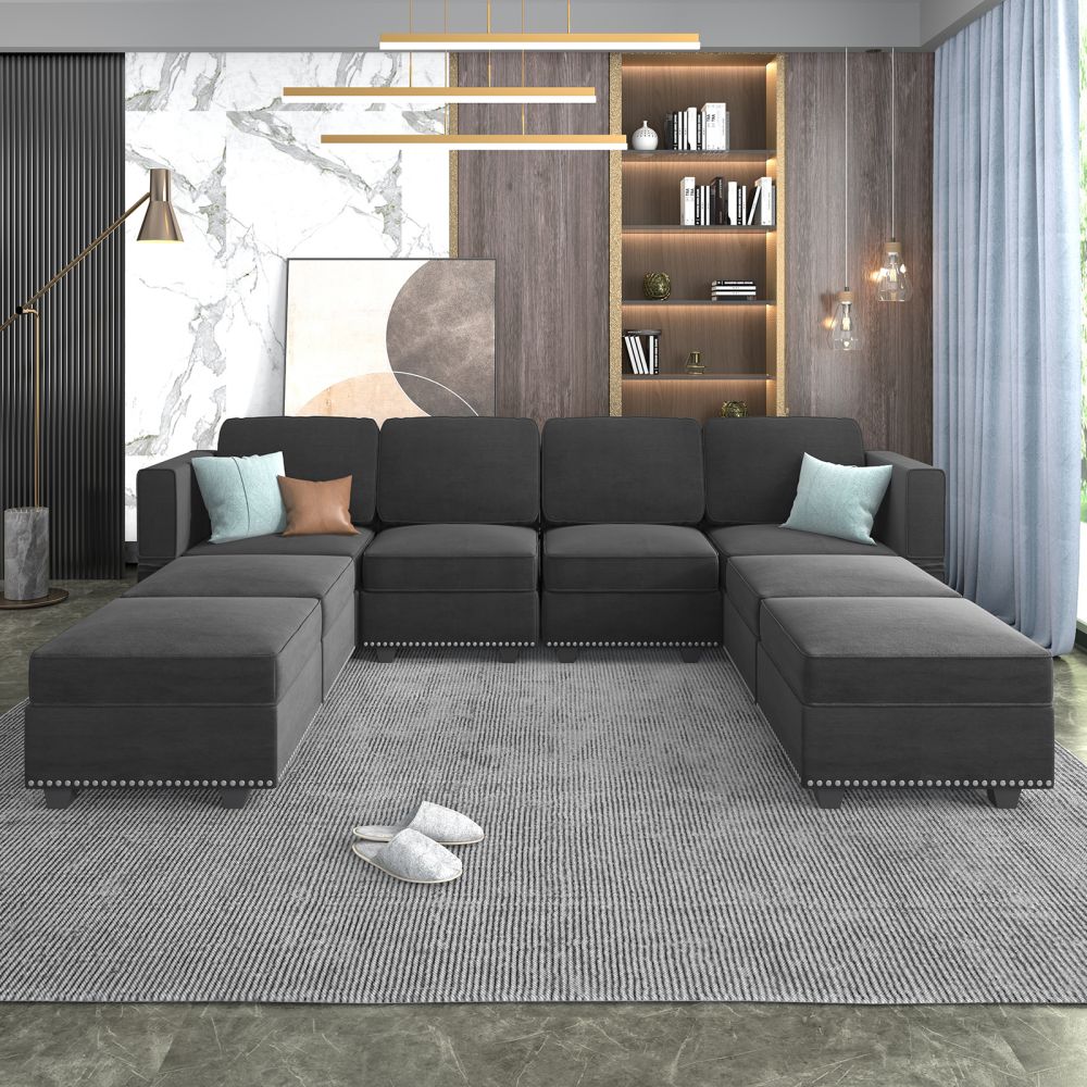 Mjkone Velvet Upholstered Modular Sectional Sofa Set With Storage Ottoman