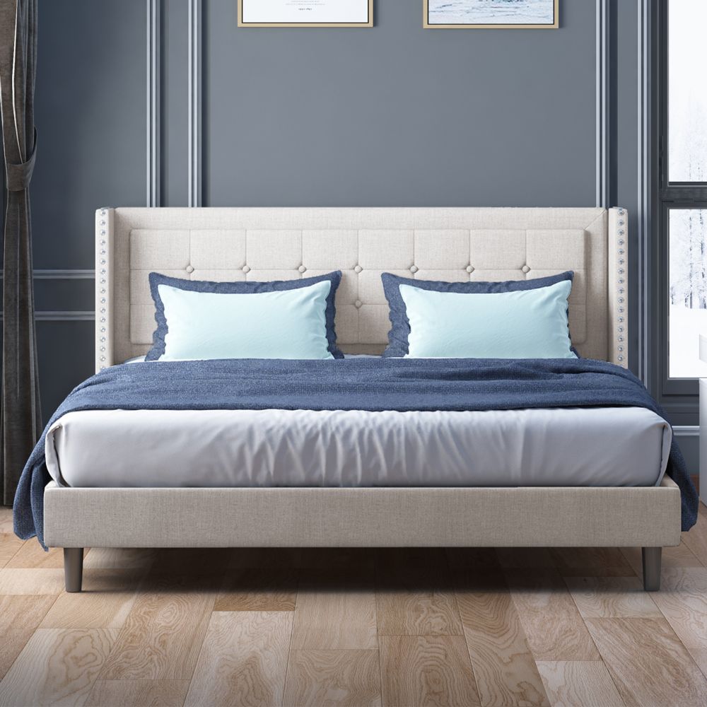 Mjkone Upholstered Modern Platform Bed Frame With Wood Slat