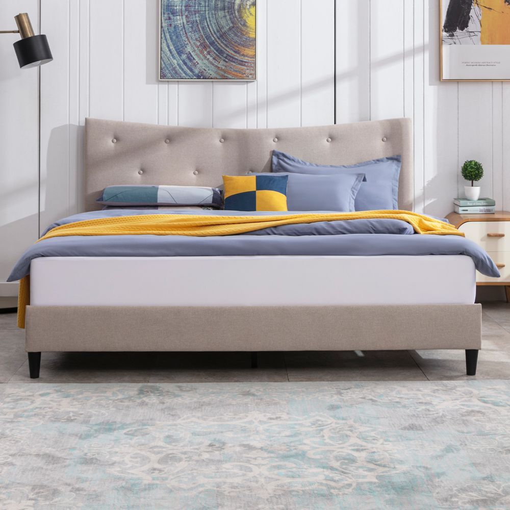 Mjkone Queen Size Upholstered Bed Frame with Curved Headboard