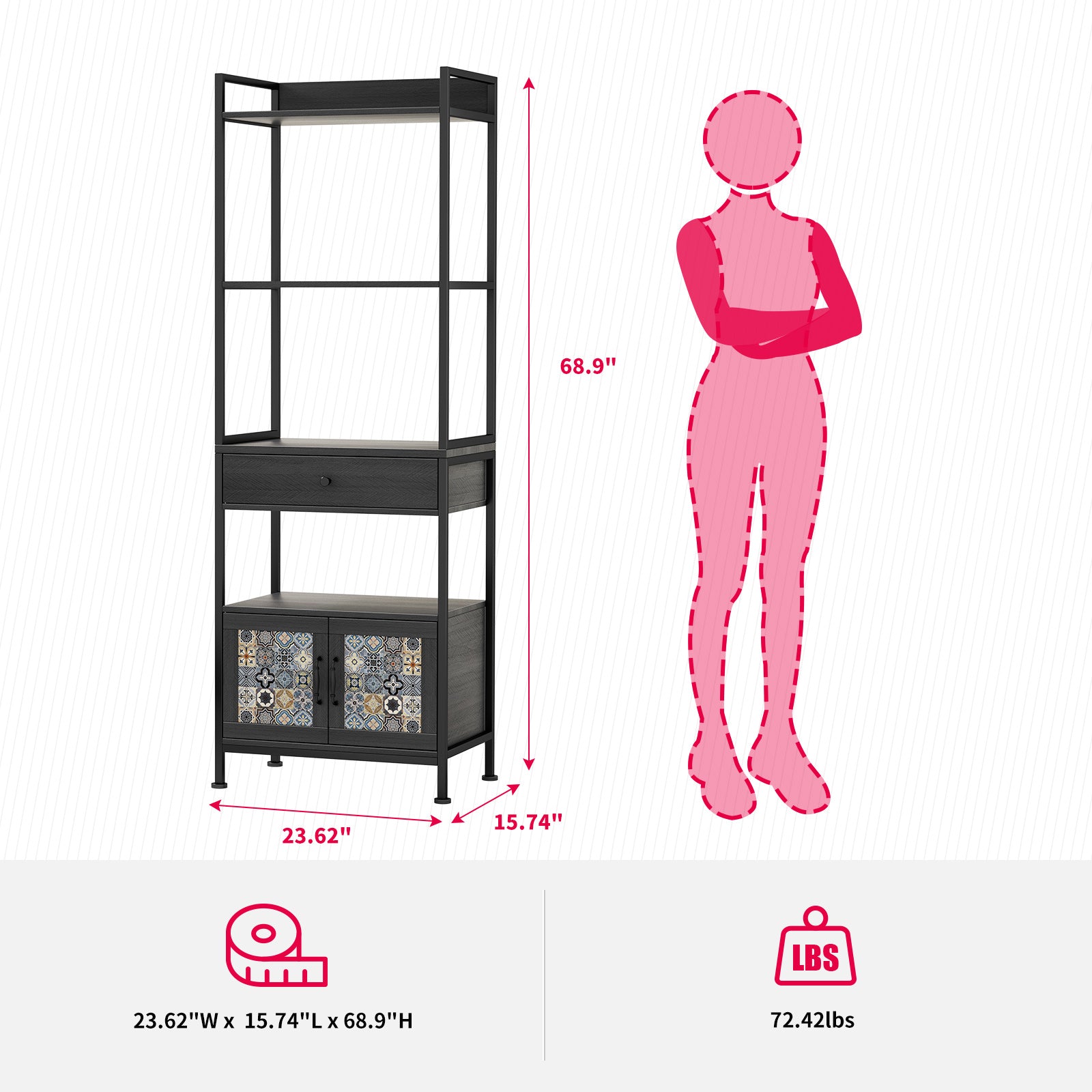 Mjkone 6-Tier Bookshelf with Doors & Drawer, 69" Tall Bookcase with Shelves,Wood and Metal Book Shelf Storage Organizer with Blue Print, Freestanding Storage Shelf Unit for Bedroom, Living Room