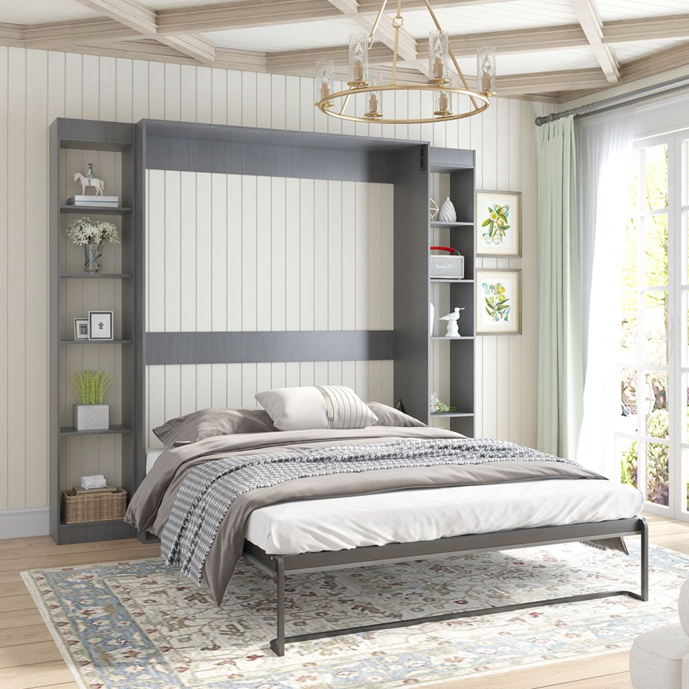Mjkone Modern Queen Size Murphy Wall Bed with Side Cabinet