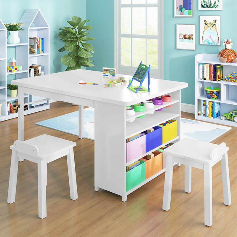 Art Table Sets | Kids Wooden Painting Craft Desk for Preschool Toddler with Paper Roller, Paint Cups and Storage Bins - Mjkonetable
