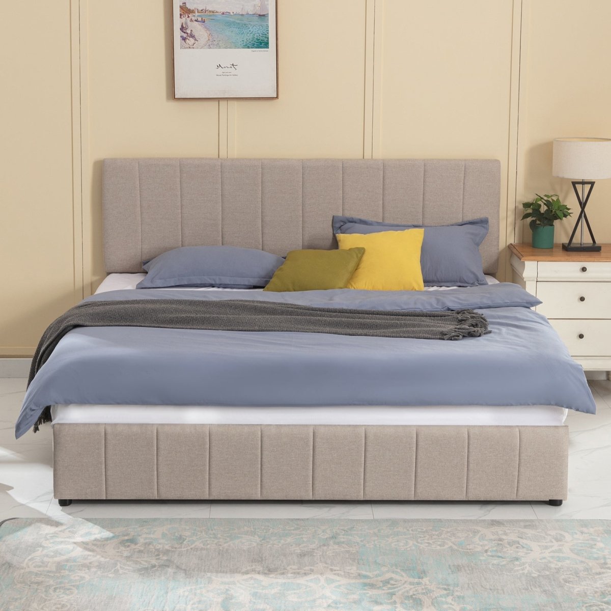 Bed Frame | Linen Upholstered Bed with Vertical Tufted Headboard and Under-bed Storage Spaces - Mjkonebed frame