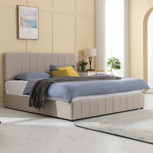Bed Frame | Linen Upholstered Bed with Vertical Tufted Headboard and Under-bed Storage Spaces - Mjkonebed frame