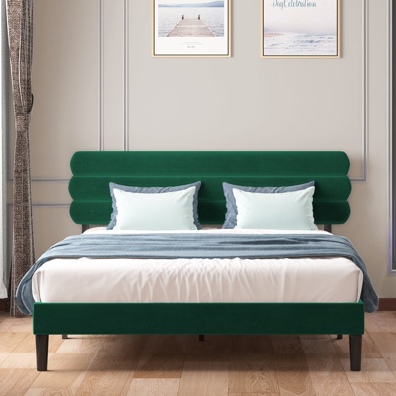 Bed Frame | Luxe Velvet Upholstered Platform Bed with Adjustable Headboard and Channel Detailing - Mjkonebed frame