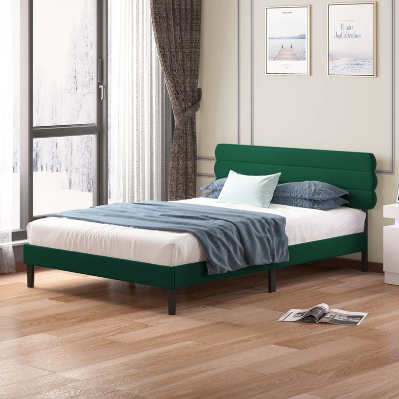 Bed Frame | Luxe Velvet Upholstered Platform Bed with Adjustable Headboard and Channel Detailing - Mjkonebed frame