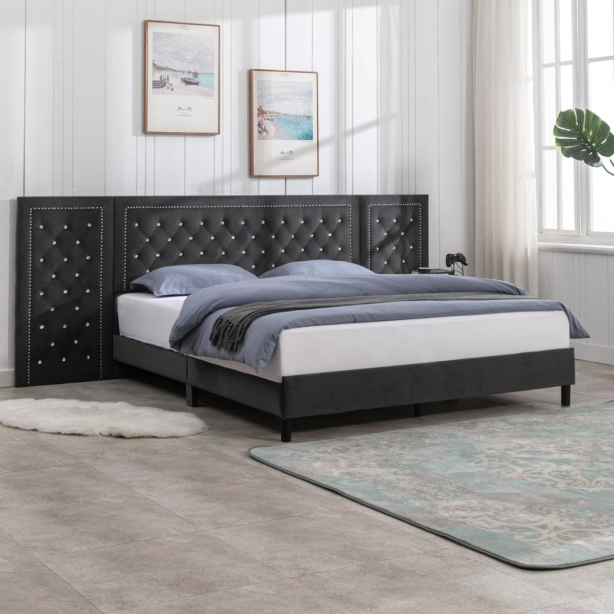 Bed Frame | Velvet Eastern Platform Bed with Button Tufted and Hand-Applied Nail Heads Design - Mjkonebed frame