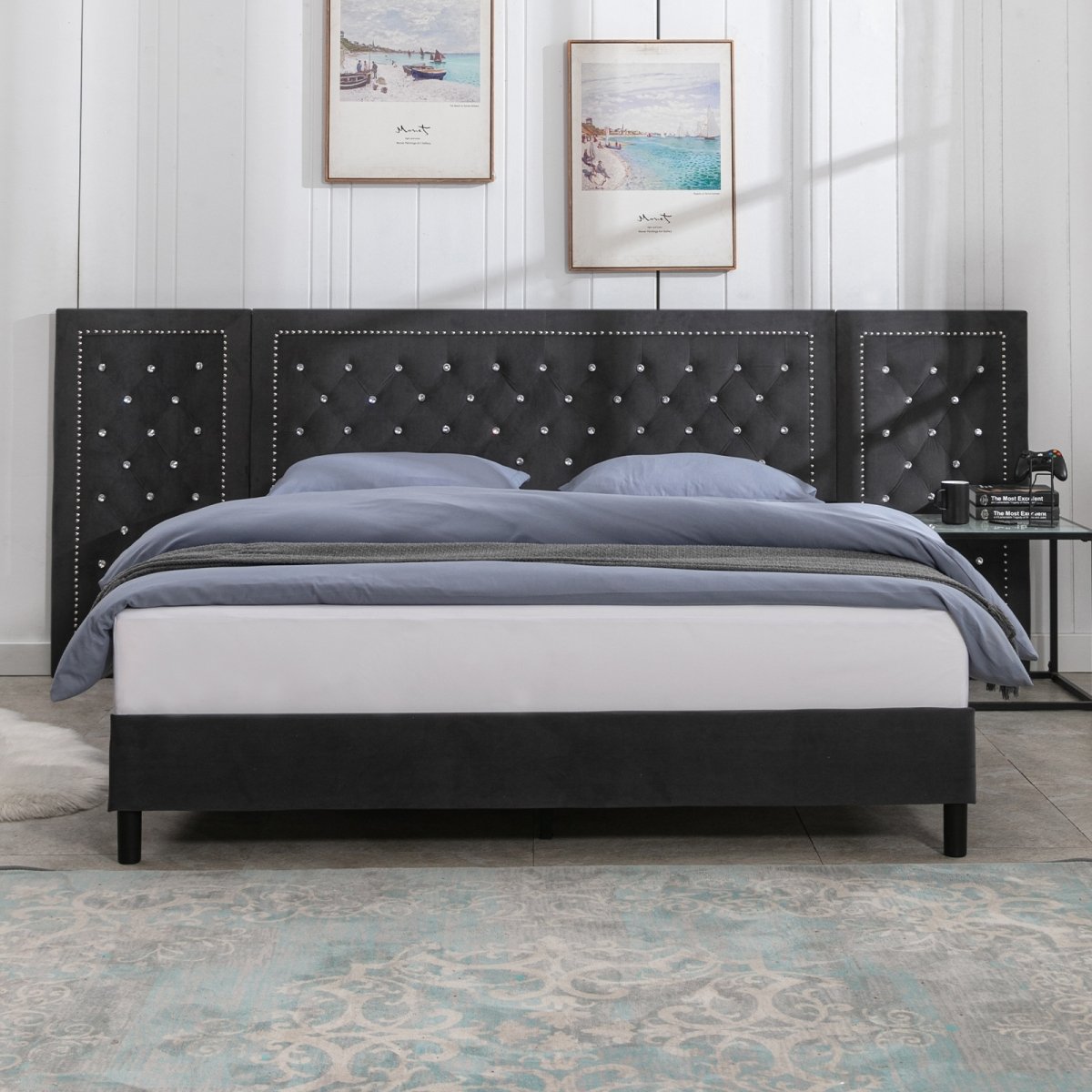 Bed Frame | Velvet Eastern Platform Bed with Button Tufted and Hand-Applied Nail Heads Design - Mjkonebed frame