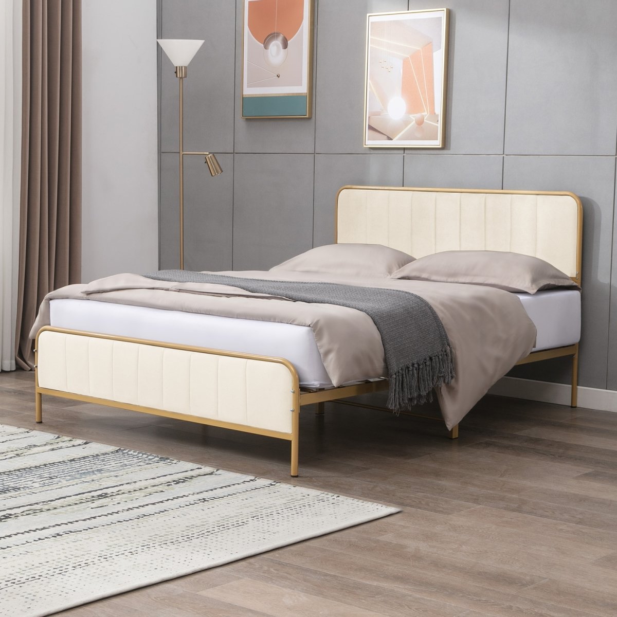 Bed Frame | Velvet Upholstered Metal Platform Bed with Tufted Headboard and Gold Trim - Mjkonebed frame