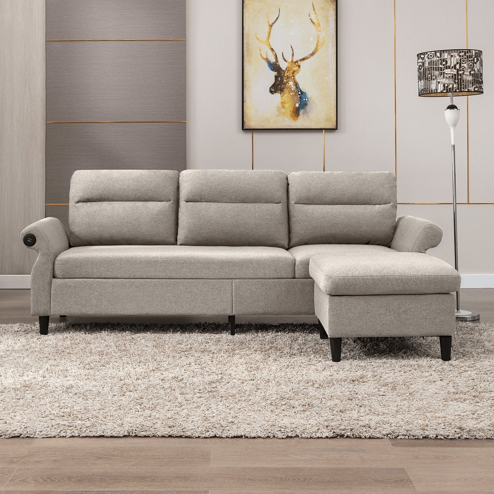 Mjkone 3-Seater Convertible Sectional Sofa with USB Ports