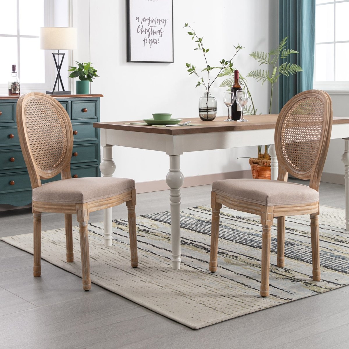 Dining Chairs | French Country Wooden Bar Stool with Upholstered Seating and Rattan Back - Mjkonechair
