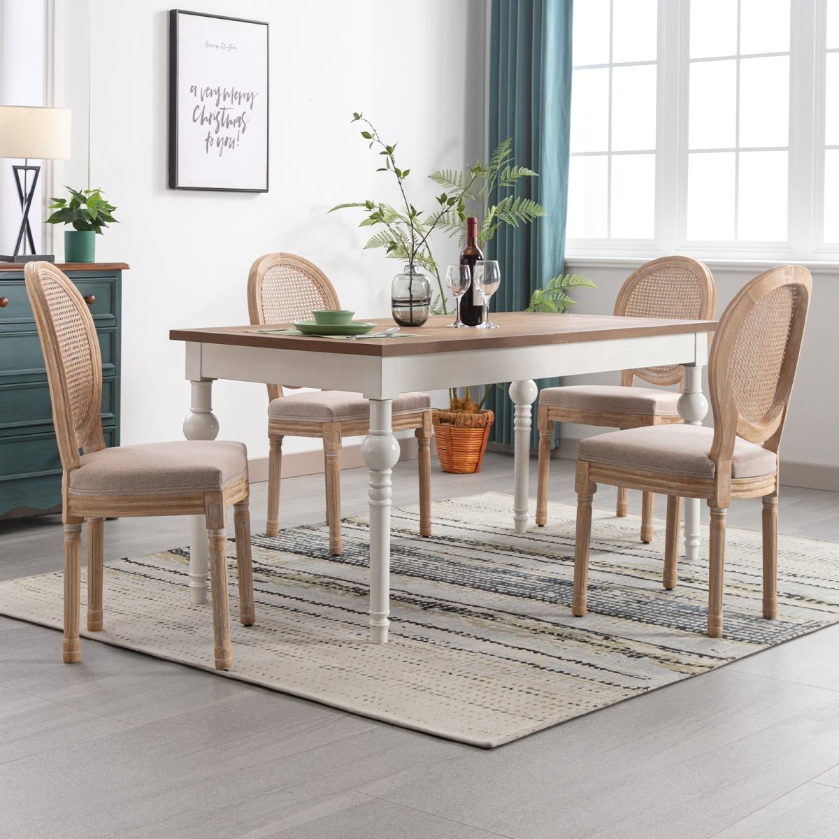 Dining Chairs | French Country Wooden Bar Stool with Upholstered Seating and Rattan Back - Mjkonechair
