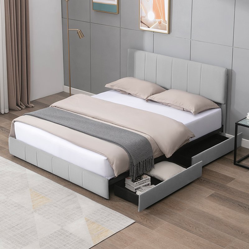Drawer Bed | Platform Upholstered Bed Frame with Channel-stitched and 4 Storage Drawers No Box Spring Needed - Mjkonebed frame