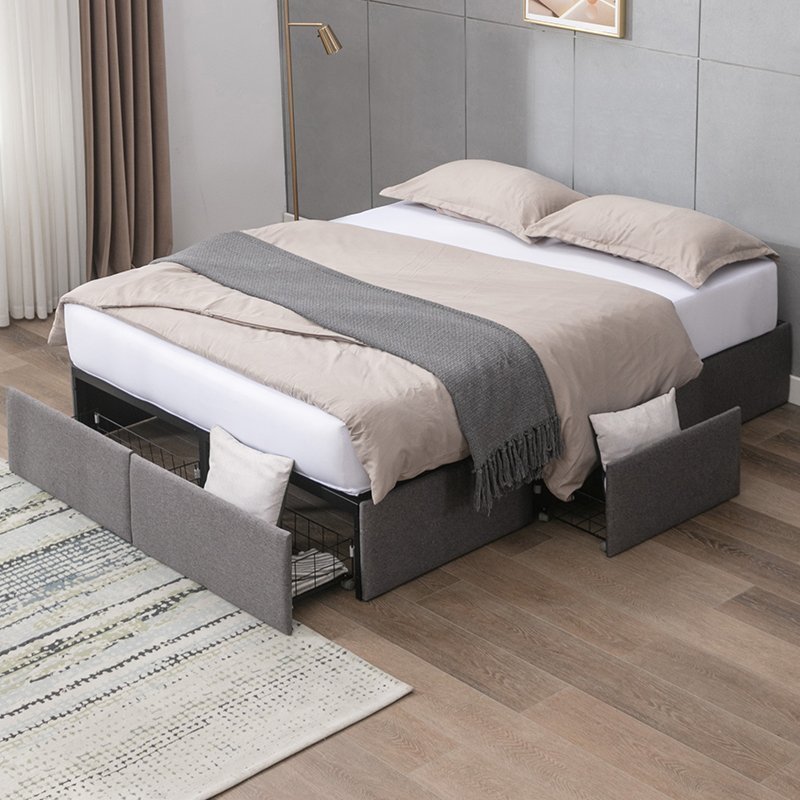 Drawer Bed | Upholstered Metal Platform Bed Frame with Premium Linen Fabric and 4 Storage Drawers - Mjkonebed