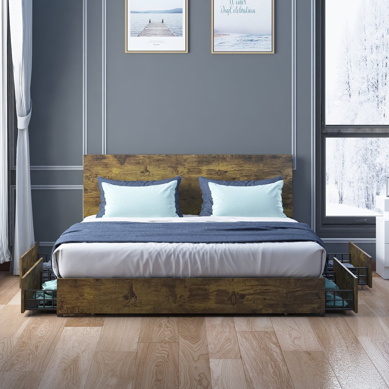 Drawer Bed | Wood Slat Bed Frame With 4 Metal Storage Drawers - uenjoybed