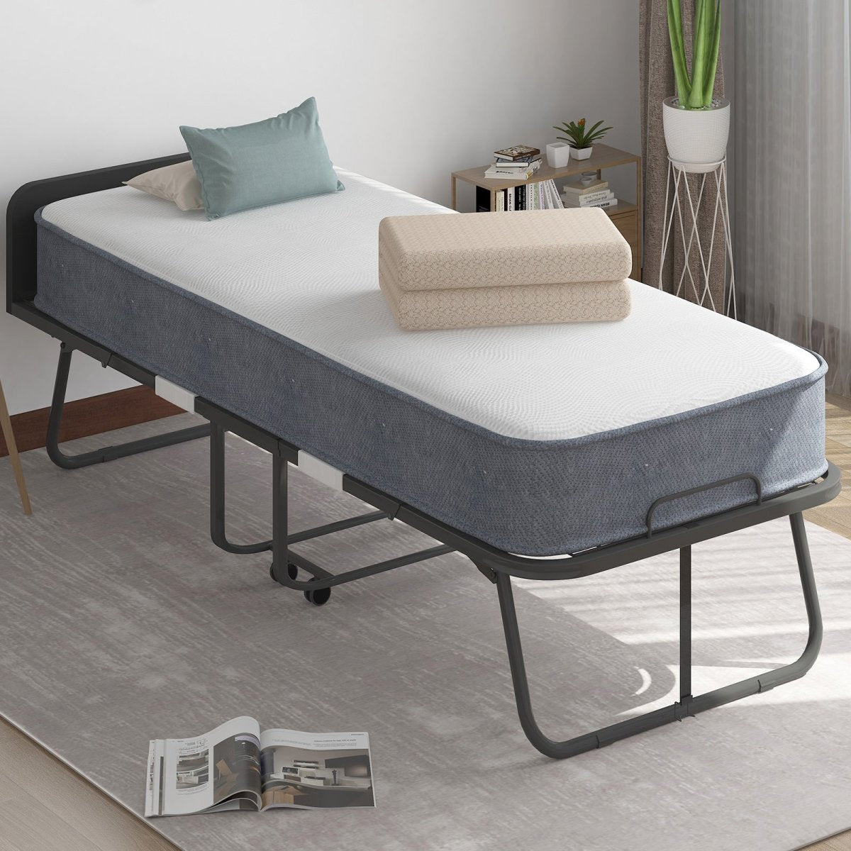 Folding Bed | Guest Bed with Mattress Portable Rollaway - Mjkonebed