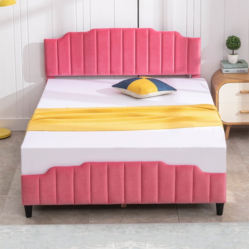 Kid's Bed | Pink Toddler Wood Bed Frame with Upholstered Platform and Slat Support No Box Spring Needed - Mjkonebed frame