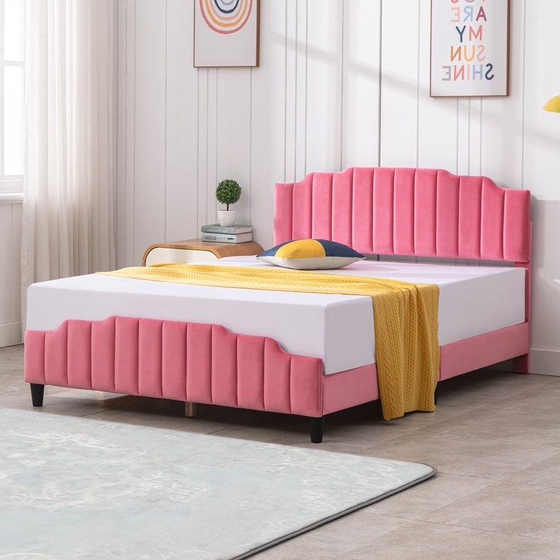 Kid's Bed | Pink Toddler Wood Bed Frame with Upholstered Platform and Slat Support No Box Spring Needed - Mjkonebed frame