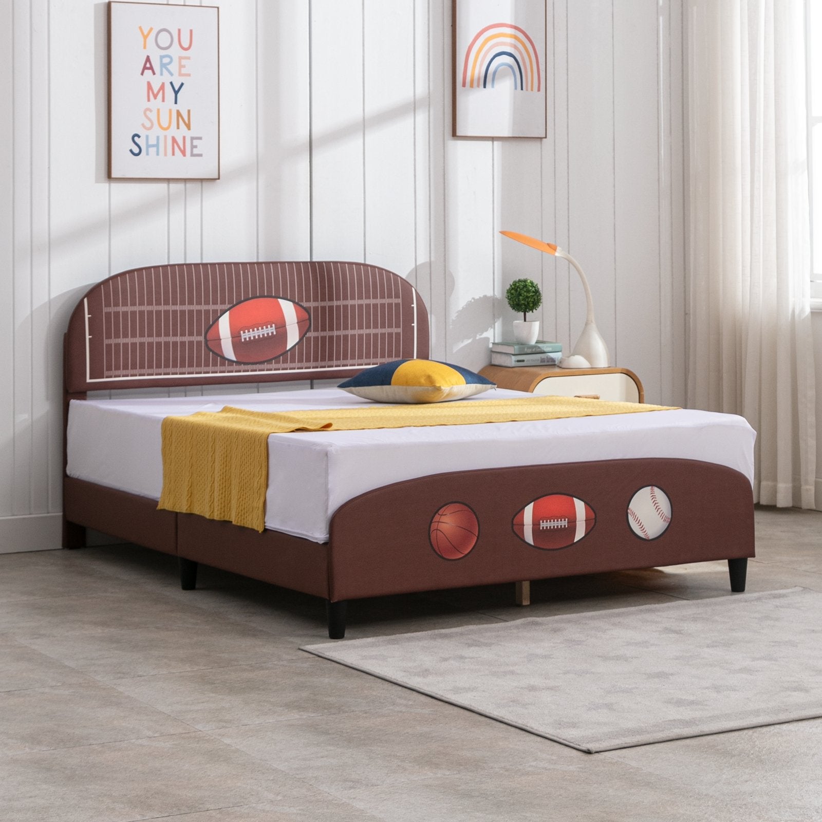 Kid's Bed | Upholstered Toddler Bed with Curved Football Design Headboard - Mjkonebed frame
