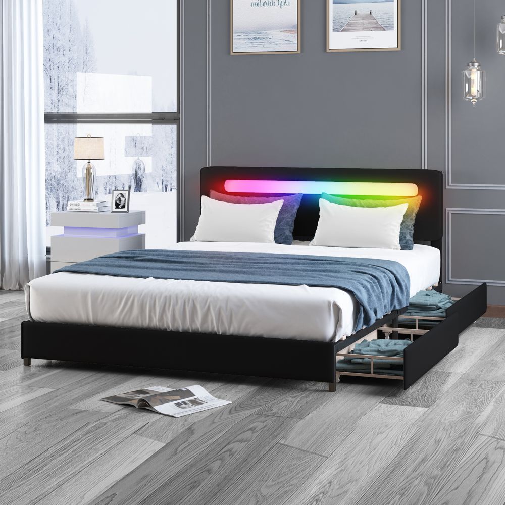 Mjkone Drawer Bed RGB LED Lighting Effects Headboard With 4 Storage Drawers - Mjkonebed