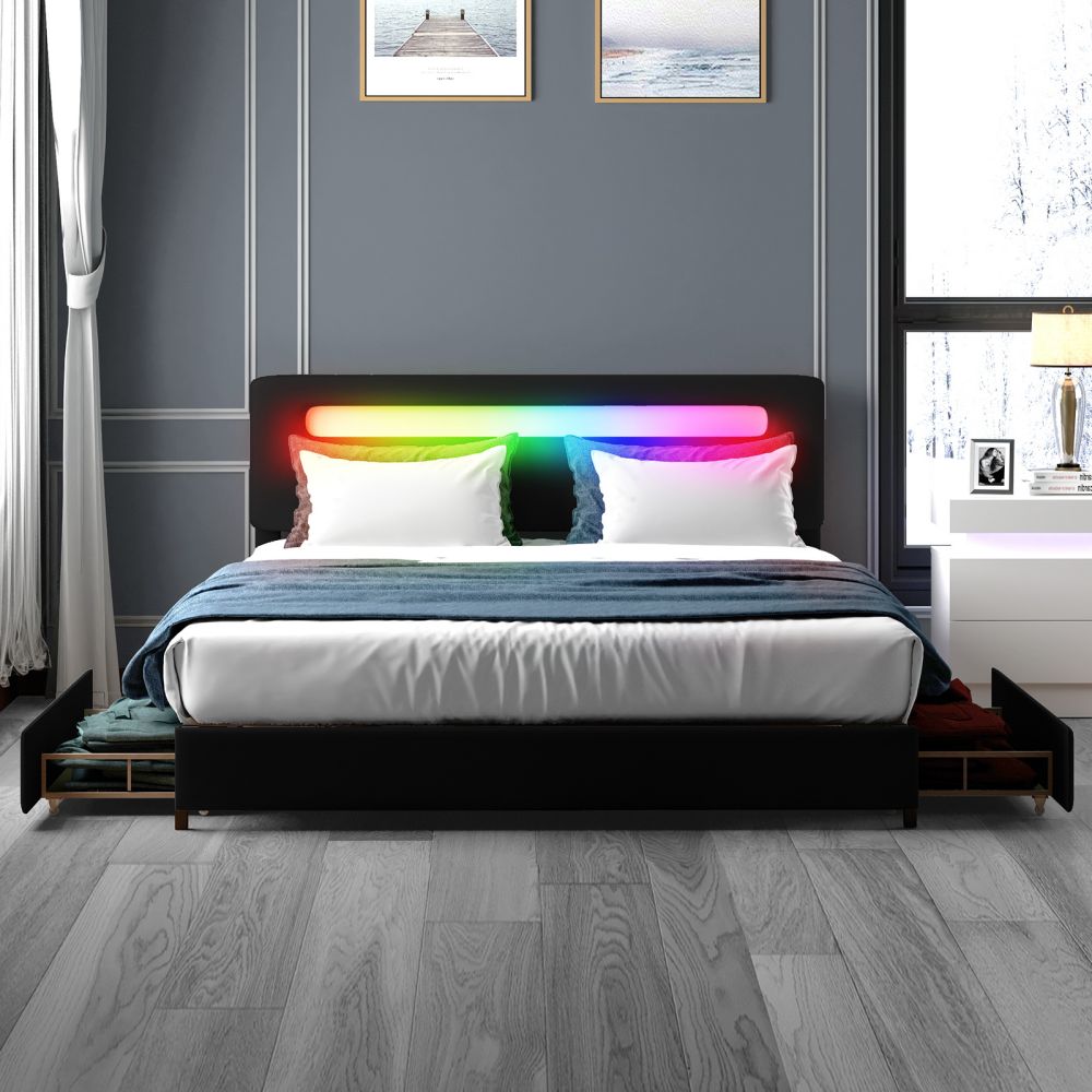 Mjkone Drawer Bed RGB LED Lighting Effects Headboard With 4 Storage Drawers - Mjkonebed