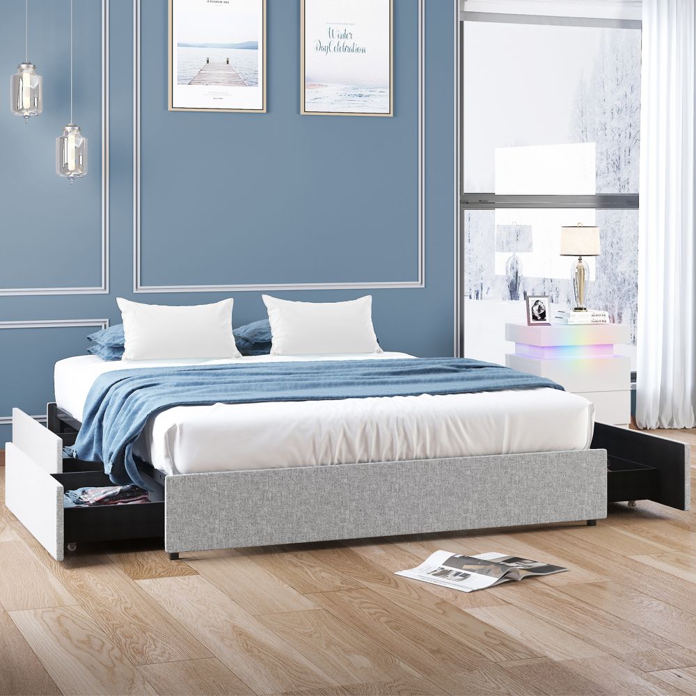 Mjkone Drawer Bed Wood Slat Bed Frame With 4 Storage Drawers - Mjkonebed frame