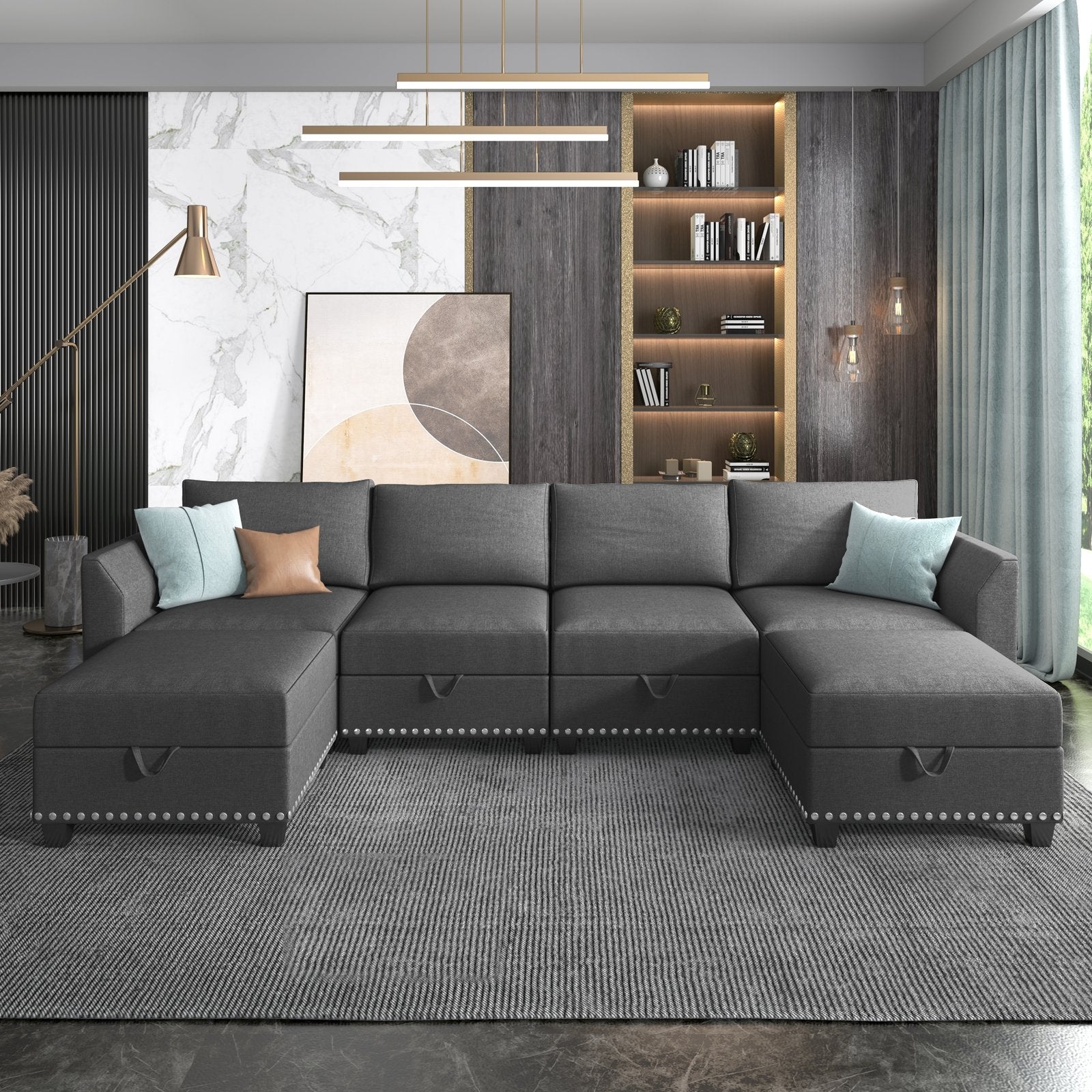 Sectional Sofa | 6/7-Piece Linen Fabric U-Shaped Upholstered Chaise With Storage Ottoman - uenjoysofa