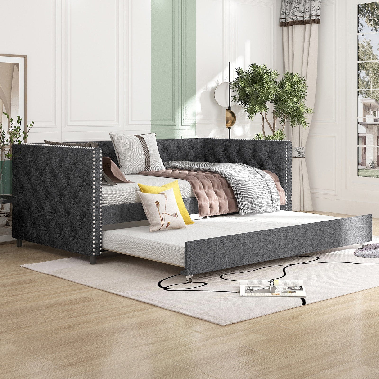 Sofa Bed | 2 In1 Pull Out Linen Fabric Tufted Butto Day Bed With Rollers - uenjoybed
