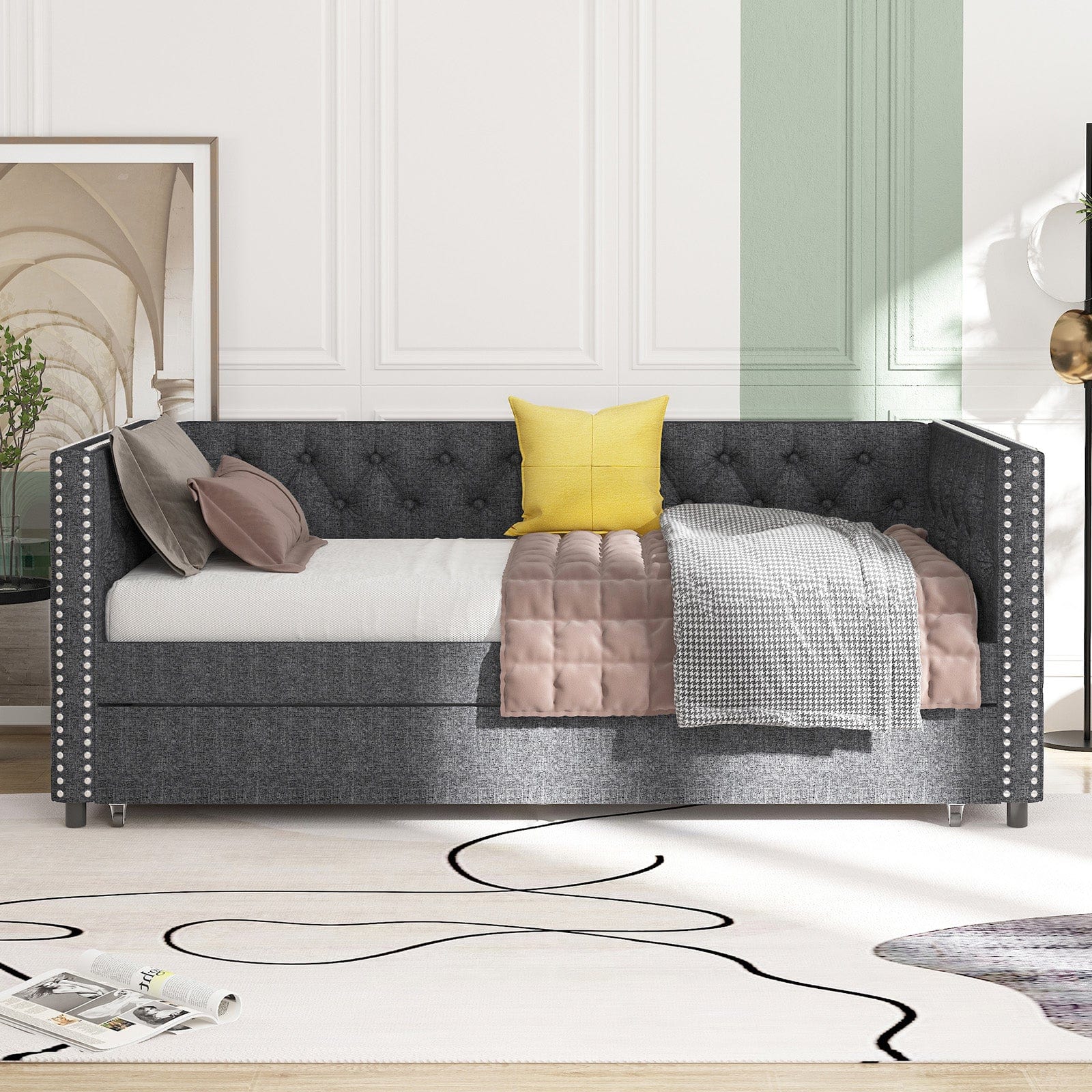 Sofa Bed | 2 In1 Pull Out Linen Fabric Tufted Butto Day Bed With Rollers - uenjoybed