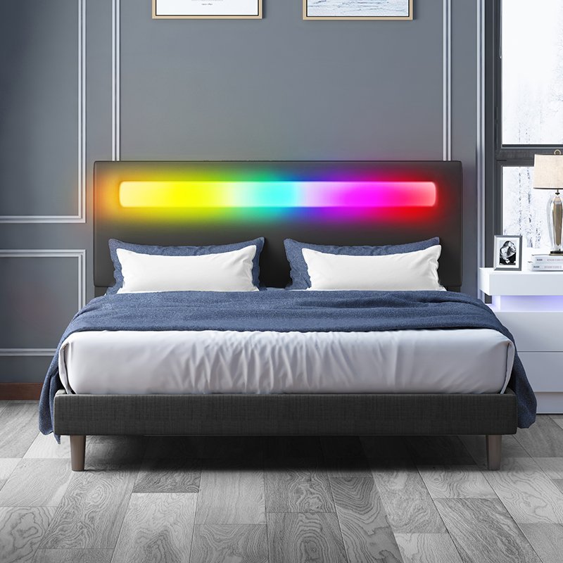 Upholstered Bed Frame | Bed Frame with RGB LED Adjustable Headboard by App Control - Mjkonebed