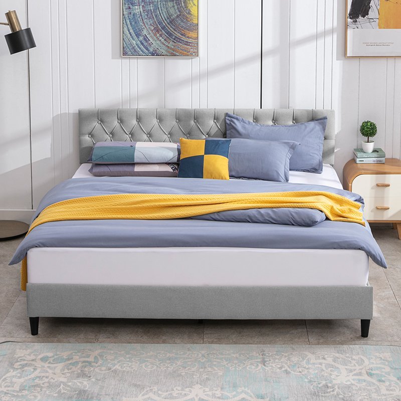 Upholstered Bed Frame | Button Tufted Platform Bed with Headboard and Wood Slat Support - Mjkonebed frame