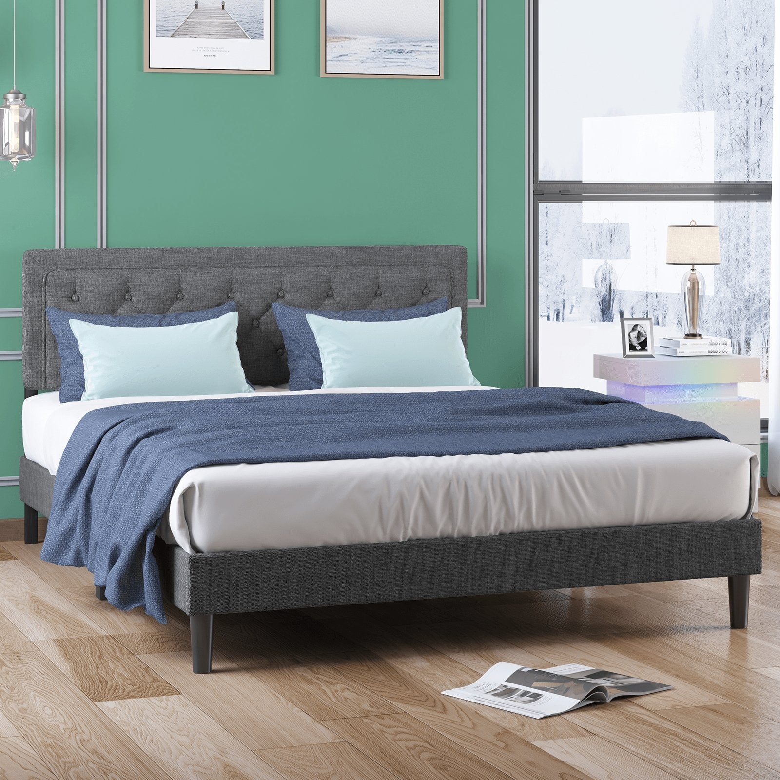 Upholstered Bed Frame | Linen Fabric Button Decoration Headboard And Wood Slat Bed Frame - uenjoybed