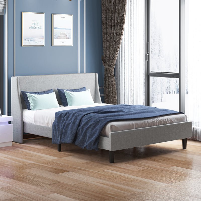 Upholstered Bed Frame | Linen Fabric Curved Headboard with Deluxe Wingback Wood Slat Support - Mjkonebed