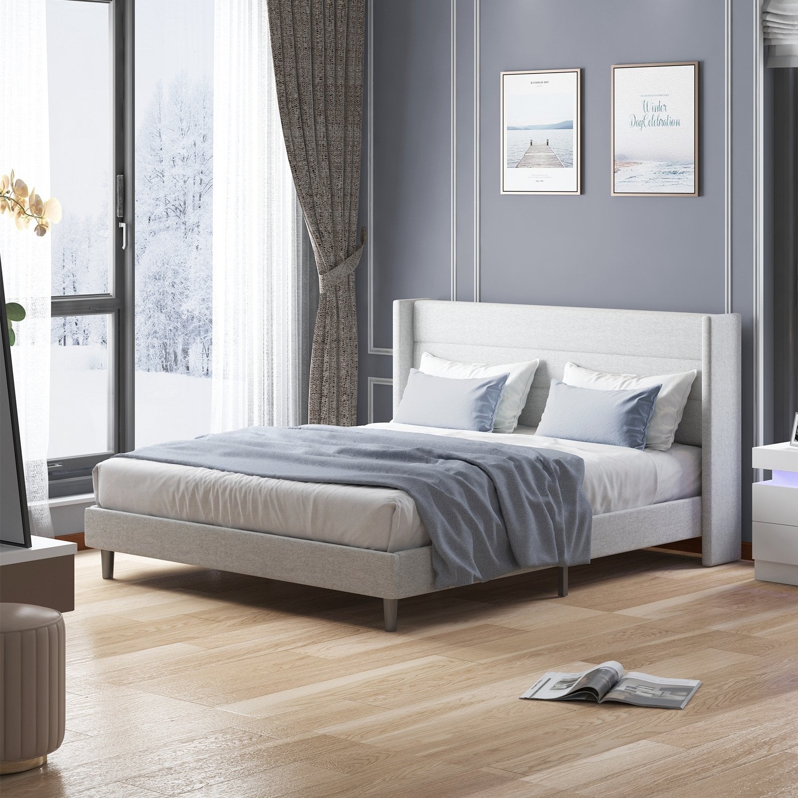 Upholstered Bed Frame | Linen Fabric Horizontal Stripe Wingback Headboard With Wood Slat Bed - Mjkonebed