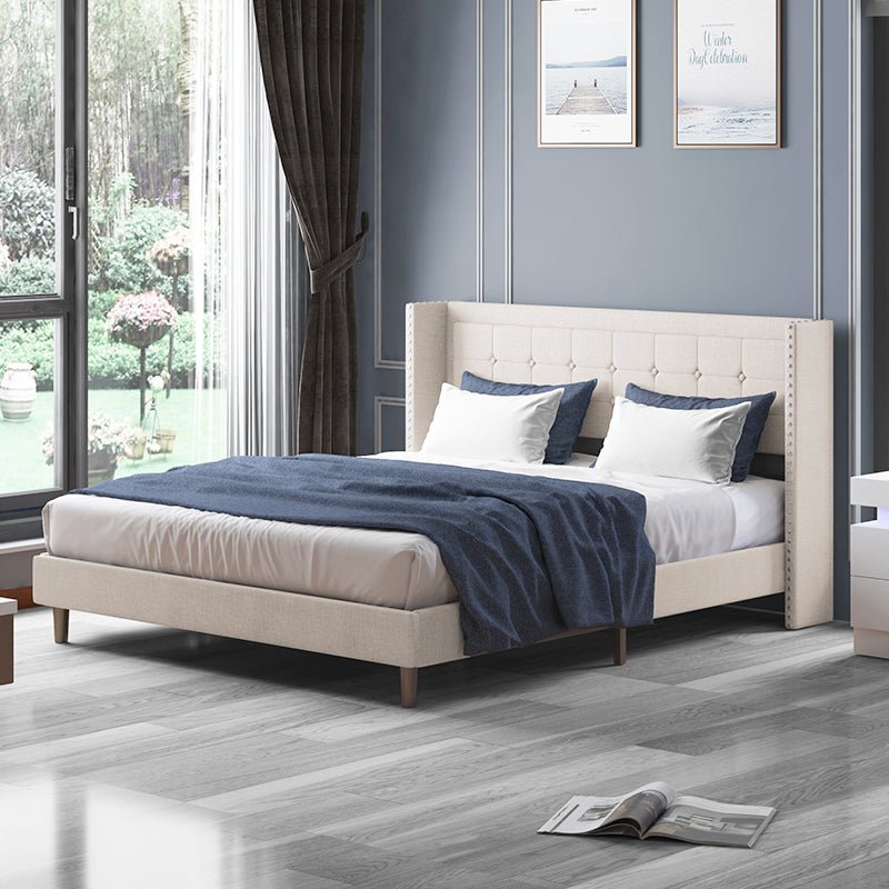 Upholstered Bed Frame | Linen Fabric Square Stitched Wingback Headboard With Wood Slat Bed - Mjkonebed frame