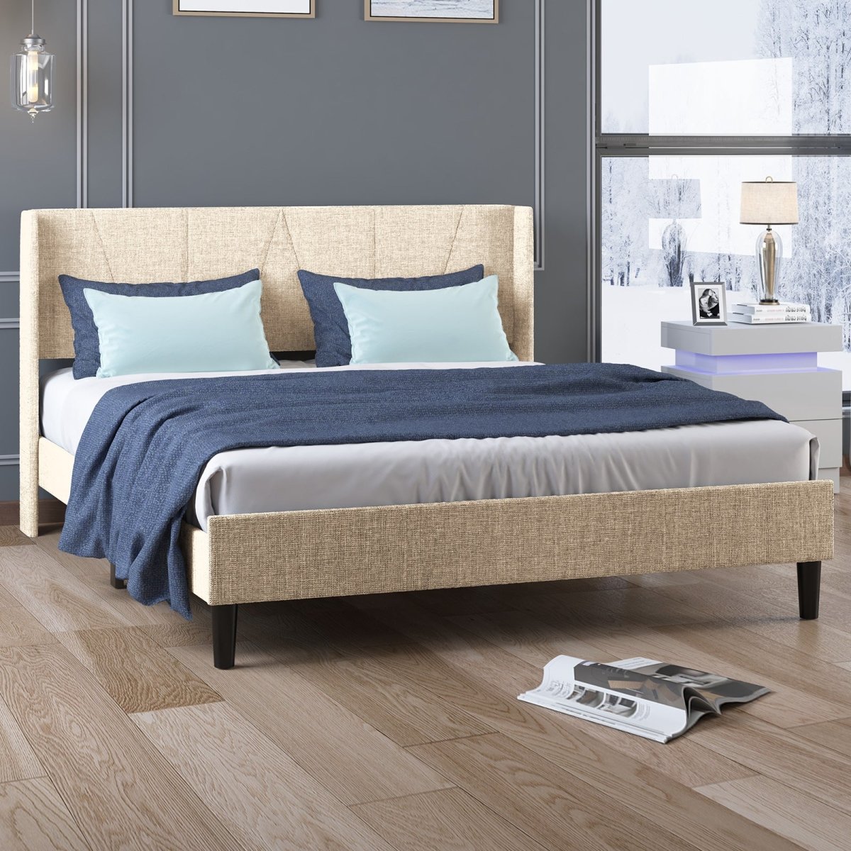 Upholstered Bed Frame | Modern Linen Wingback Platform Bed with Headboard and Wood Slat Support - Mjkonebed frame