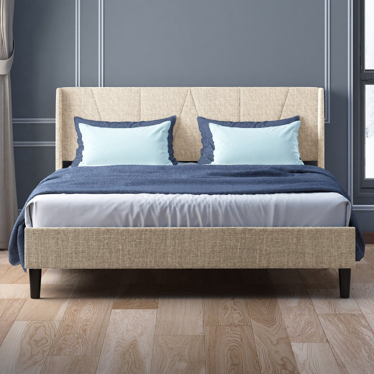 Upholstered Bed Frame | Modern Linen Wingback Platform Bed with Headboard and Wood Slat Support - Mjkonebed frame