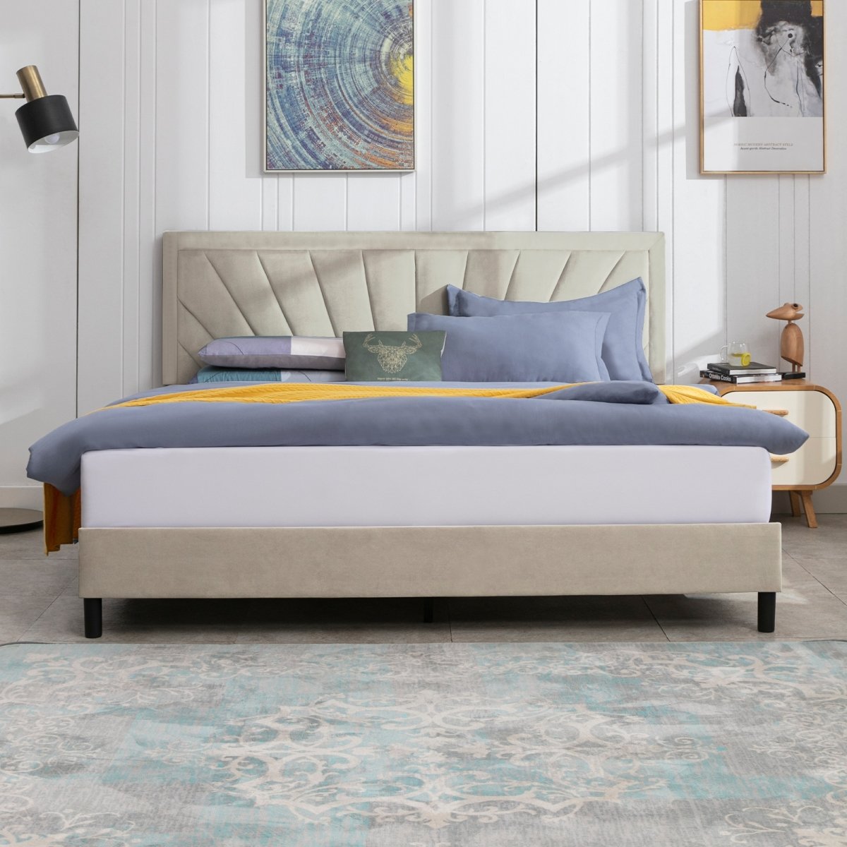 Upholstered Bed Frame | Modern Velvet Platform Bed with Headboard and Wood Slat Support No Box Spring Needed - Mjkonebed frame