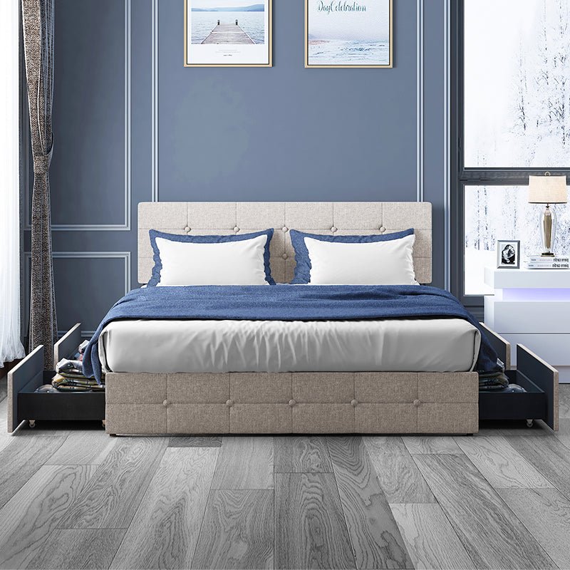 Upholstered Bed Frame | Square-Shaped Button Tufted Headboard with Wood Slat and 4 Drawers - Mjkonebed