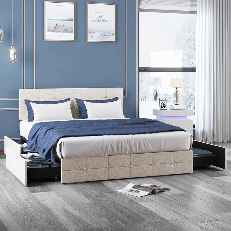 Upholstered Bed Frame | Square-Shaped Button Tufted Headboard with Wood Slat and 4 Drawers - Mjkonebed