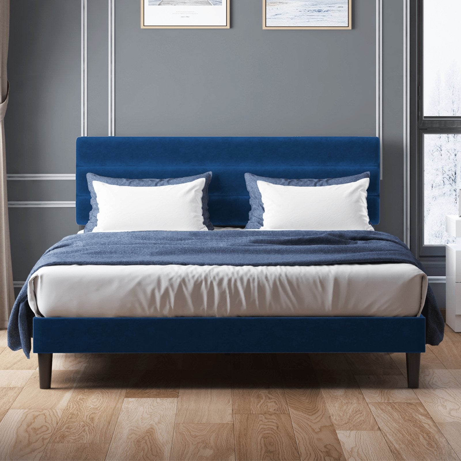Upholstered Bed Frame | Velvet Fabric Curved Back Button Decoration Headboard With Wood Slat Bed Frame - uenjoybed