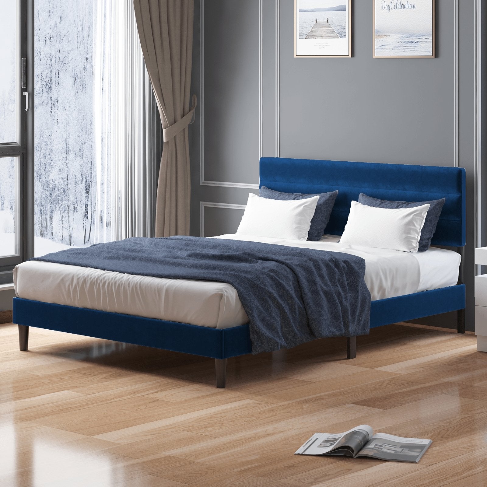 Upholstered Bed Frame | Velvet Fabric Curved Back Button Decoration Headboard With Wood Slat Bed Frame - uenjoybed