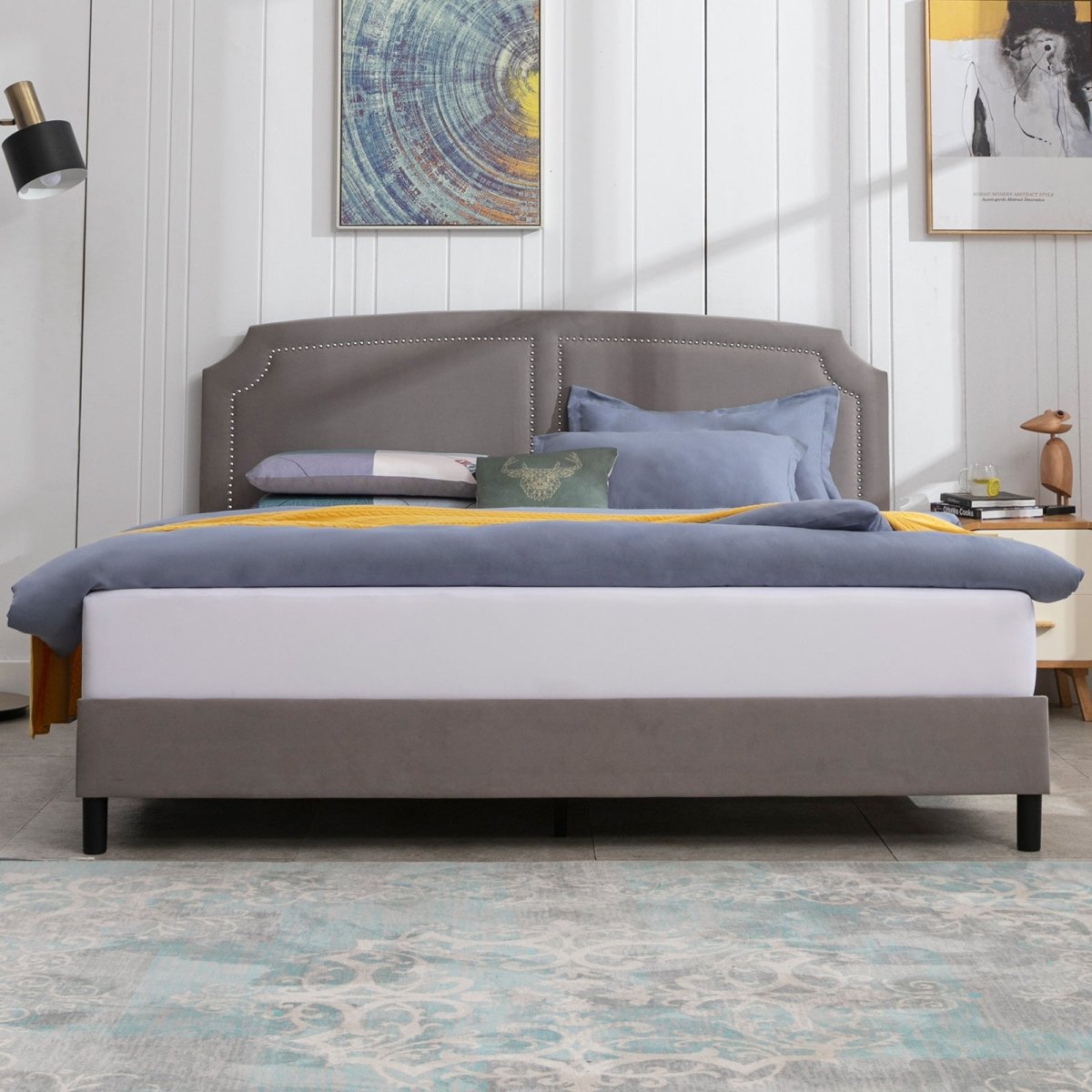 Upholstered Bed Frame | Velvet Platform Bed Frame with Headboard and Wooden Slats No Box Spring Required - Mjkonebed frame