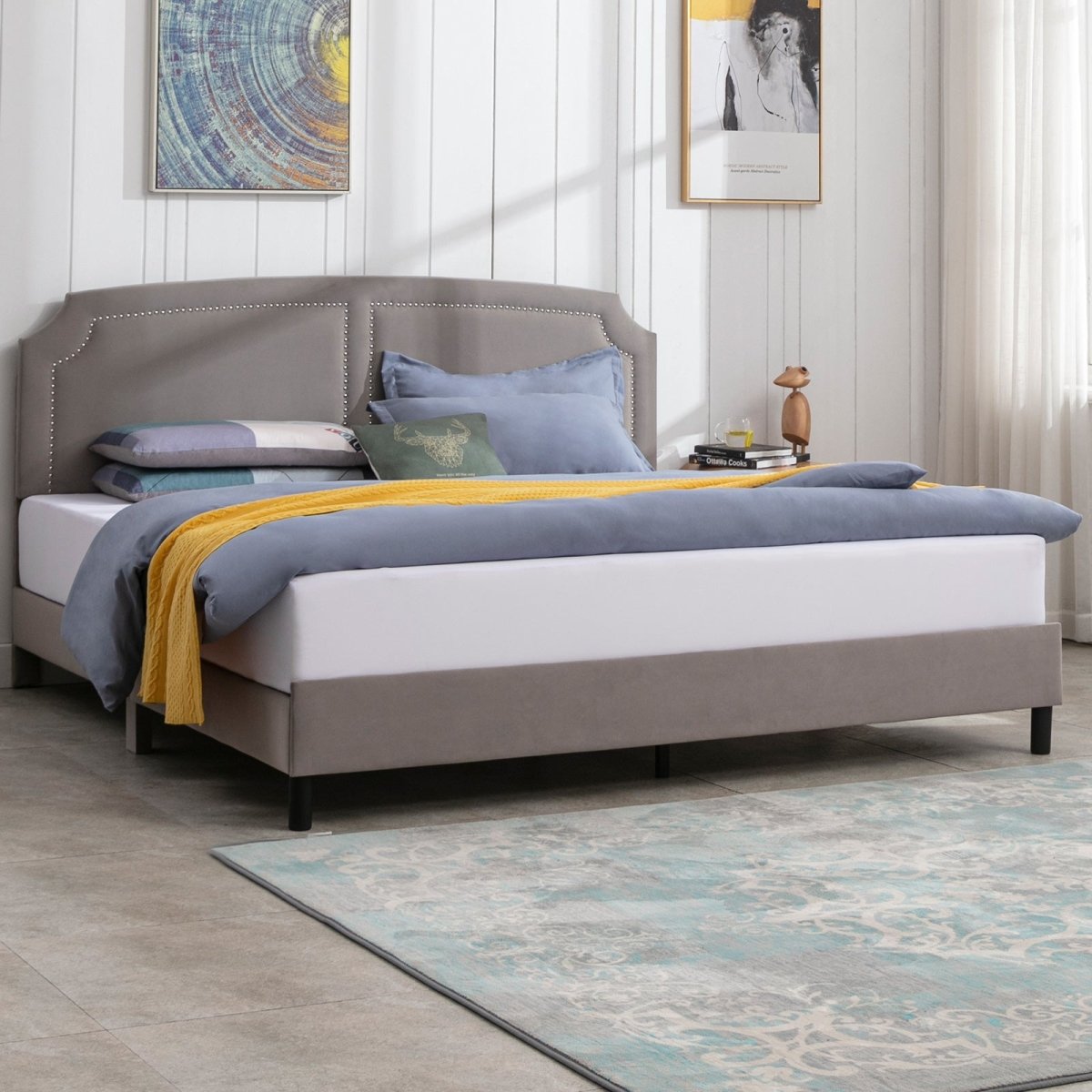 Upholstered Bed Frame | Velvet Platform Bed Frame with Headboard and Wooden Slats No Box Spring Required - Mjkonebed frame