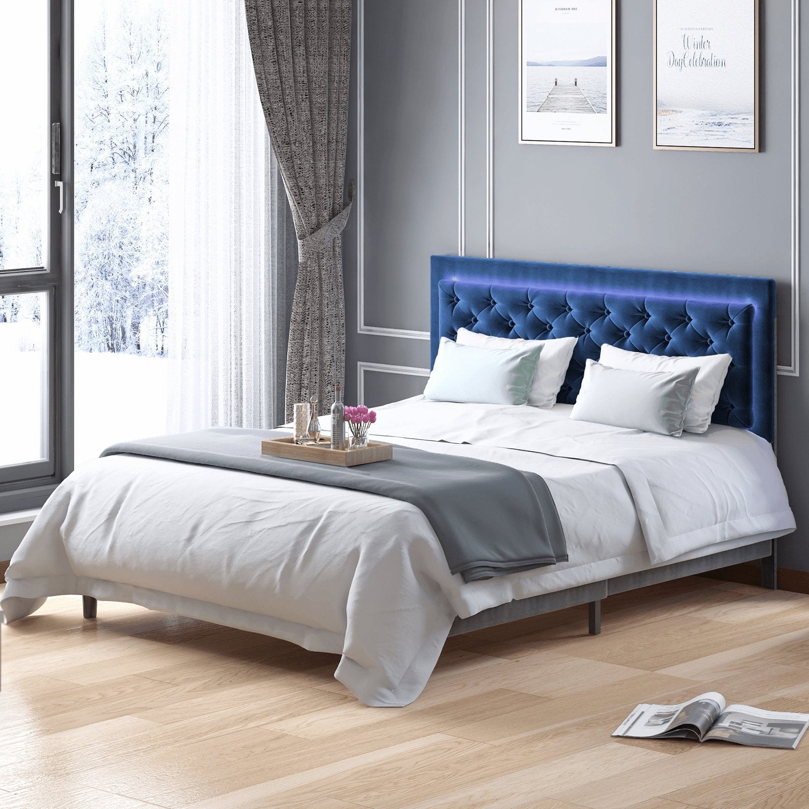 Upholstered Bed Frame | Velvet Upholstered Platform Bed Frame with Music Sync Color Changing LED Light Strips & Works with Alexa Or APP - uenjoybed